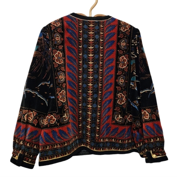 Vintage 80s Saxton Hall rose botanical peacock print Velvet Jacket - Picture 3 of 13